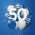 Happy 50th birthday with blue balloons greeting card background. Royalty Free Stock Photo