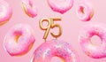 Happy 95th birthday celebration background with pink frosted donuts. 3D Rendering