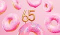 Happy 65th birthday celebration background with pink frosted donuts. 3D Rendering Royalty Free Stock Photo