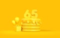 Happy 65th Birthday celebration cake with present and balloons. 3D Rendering Royalty Free Stock Photo