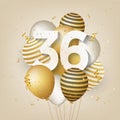 Happy 36th birthday with gold balloons greeting card background. Royalty Free Stock Photo