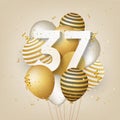 Happy 37th birthday with gold balloons greeting card background. Royalty Free Stock Photo