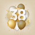 Happy 38th birthday with gold balloons greeting card background. Royalty Free Stock Photo