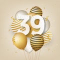 Happy 39th birthday with gold balloons greeting card background. Royalty Free Stock Photo