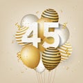 Happy 45th birthday with gold balloons greeting card background. Royalty Free Stock Photo