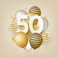 Happy 50th birthday with gold balloons greeting card background. Royalty Free Stock Photo