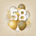 Happy 58th birthday with gold balloons greeting card background.