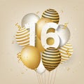 Happy 16th birthday with gold balloons greeting card background. Royalty Free Stock Photo