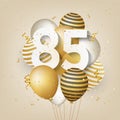 Happy 85th birthday with gold balloons greeting card background