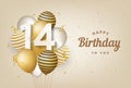 Happy 14th birthday with gold balloons greeting card background.