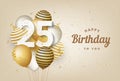 Happy 25th birthday with gold balloons greeting card background.