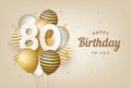 Happy 80th birthday with gold balloons greeting card background.