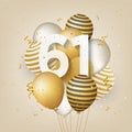 Happy 61th birthday with gold balloons greeting card background.