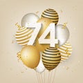 Happy 74th birthday with gold balloons greeting card background.