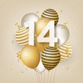 Happy 14th birthday with gold balloons greeting card background.