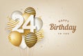 Happy 24th birthday with gold balloons greeting card background.