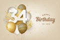 Happy 34th birthday with gold balloons greeting card background.