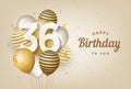 Happy 36th birthday with gold balloons greeting card background. Royalty Free Stock Photo