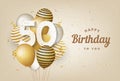 Happy 50th birthday with gold balloons greeting card background. Royalty Free Stock Photo
