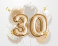 Happy 30th birthday gold foil balloon greeting background.