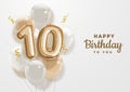 Happy 10th birthday gold foil balloon greeting background. Royalty Free Stock Photo