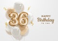 Happy 36th birthday gold foil balloon greeting background.