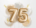 Happy 75th birthday gold foil balloon greeting background.