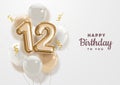 Happy 12th birthday gold foil balloon greeting background.