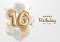 Happy 16th birthday gold foil balloon greeting background. Royalty Free Stock Photo