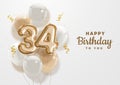 Happy 34th birthday gold foil balloon greeting background.