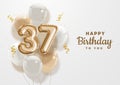 Happy 37th birthday gold foil balloon greeting background.