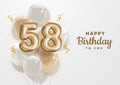 Happy 58th birthday gold foil balloon greeting background.