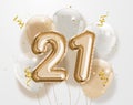 Happy 21th birthday gold foil balloon greeting background. Royalty Free Stock Photo