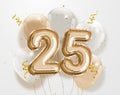 Happy 25th birthday gold foil balloon greeting background.