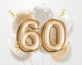 Happy 60th birthday gold foil balloon greeting background.