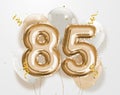 Happy 85th birthday gold foil balloon greeting background.