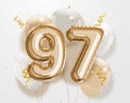Happy 97th birthday gold foil balloon greeting background.