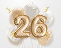 Happy 26th birthday gold foil balloon greeting background.