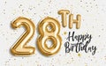 Happy 28th birthday gold foil balloon greeting background. Royalty Free Stock Photo