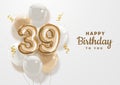 Happy 39th birthday gold foil balloon greeting background. Royalty Free Stock Photo