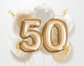 Happy 50th birthday gold foil balloon greeting background.