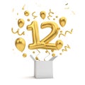 Happy 12th birthday gold surprise balloon and box. 3D Rendering