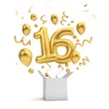 Happy 16th birthday gold surprise balloon and box. 3D Rendering Royalty Free Stock Photo