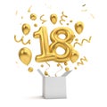 Happy 18th birthday gold surprise balloon and box. 3D Rendering Royalty Free Stock Photo