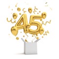 Happy 45th birthday gold surprise balloon and box. 3D Rendering