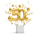 Happy 50th birthday gold surprise balloon and box. 3D Rendering Royalty Free Stock Photo