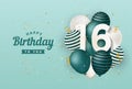 Happy 16th birthday with green balloons greeting card background.