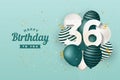 Happy 36th birthday with green balloons greeting card background. Royalty Free Stock Photo
