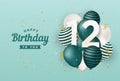 Happy 12th birthday with green balloons greeting card background.