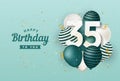 Happy 35th birthday with green balloons greeting card background.